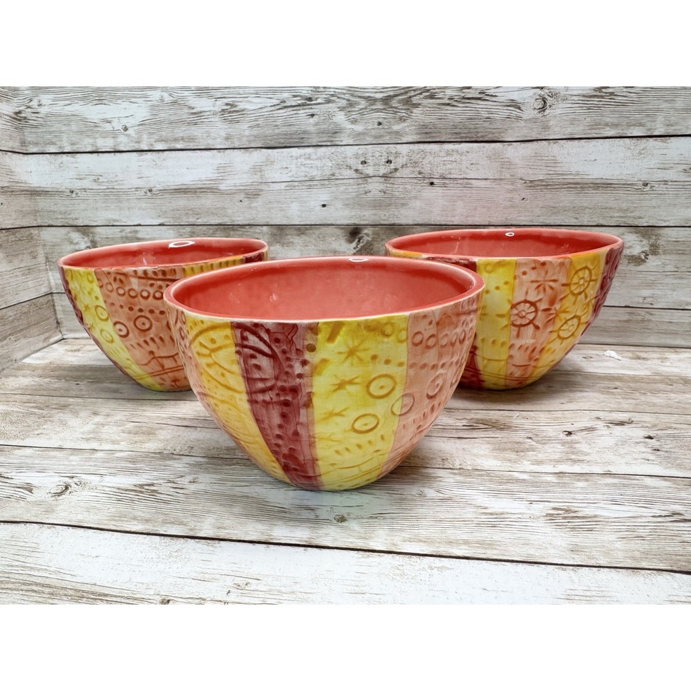 Anthropologie Lot Of 3 Ceramic Soup Cereal Bowls Portugal Boho Eclectic Retired